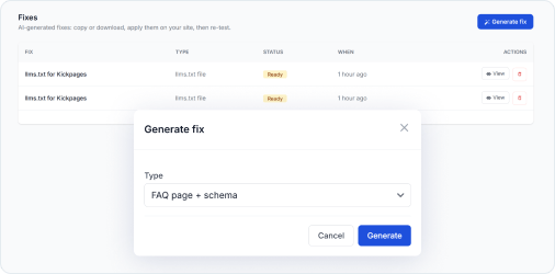 AI Fix Engine generating a ready-to-publish FAQ page with schema markup